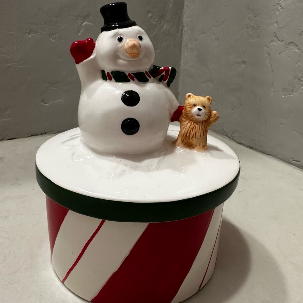 Vintage Omnibus Fitz Floyd Snowman Christmas Candy Dish Lidded Red White